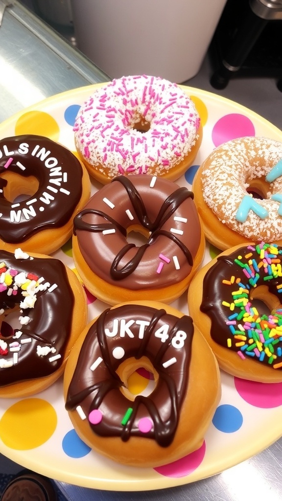 A colorful assortment of donuts with chocolate glaze and sprinkles on a vibrant plate.